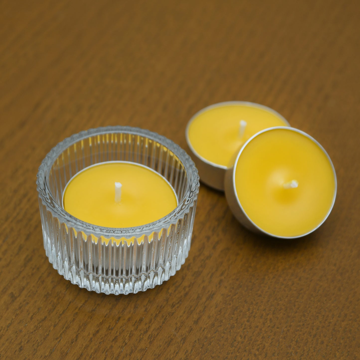 10 Beeswax Tea Light Candles & Glass Holder
