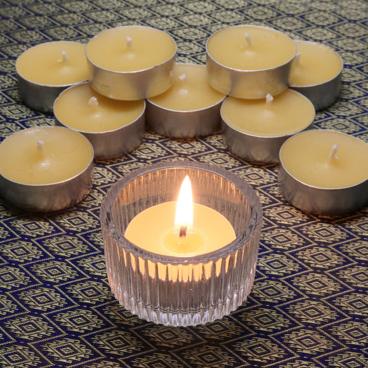 10 Beeswax Tea Light Candles & Glass Holder